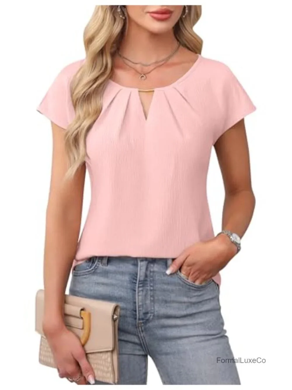 Women's Pleated Crewneck Blouse Short Sleeve Business Casual Top